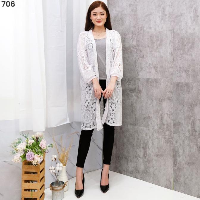 cardigan brukat lace panjang putih brocade import outer pantai cantik Termurah