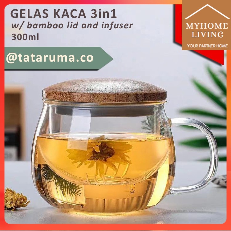 MYH Gelas Teh Kaca 3in1 dengan Tutup dan Saringan 300ML teko kaca gelas include saringan gelas set s