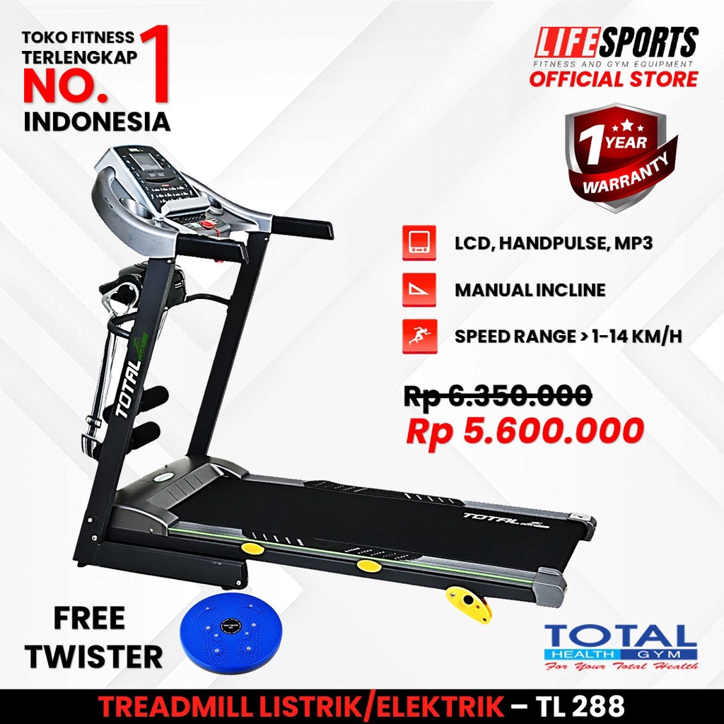 TOTAL HEALTH GYM - New Alat Olahraga Gym Sport Fitness Walking Pad Treadmill Listrik Elektrik Total Gym TL 288 Motor 2 HP DC