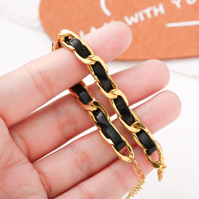 Titanium Gelang Versi Korea Fashion Sederhana Retro Rantai Hitam PU Kulit Gelang