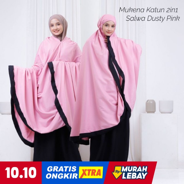 Raszi Official - Mukenah Dewasa Katun Mikro 2in1 Polos Kombinasi Warna Dusty Pink - Hitam