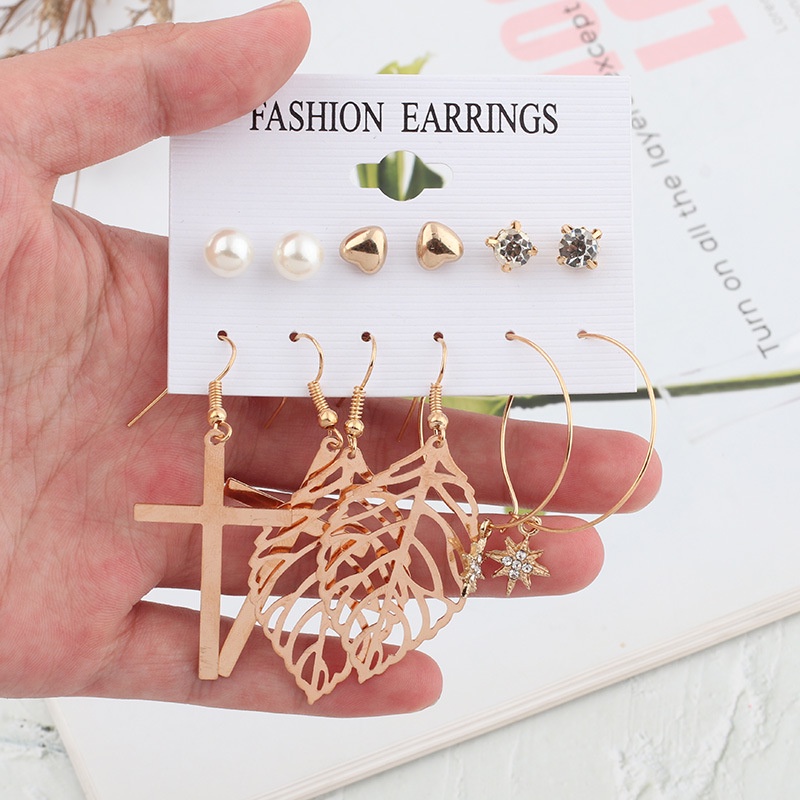 [COD] 6 Pcs Set Anting Hoop Aksen Daun Rumbai Gaya Korea Tusuk Wanita