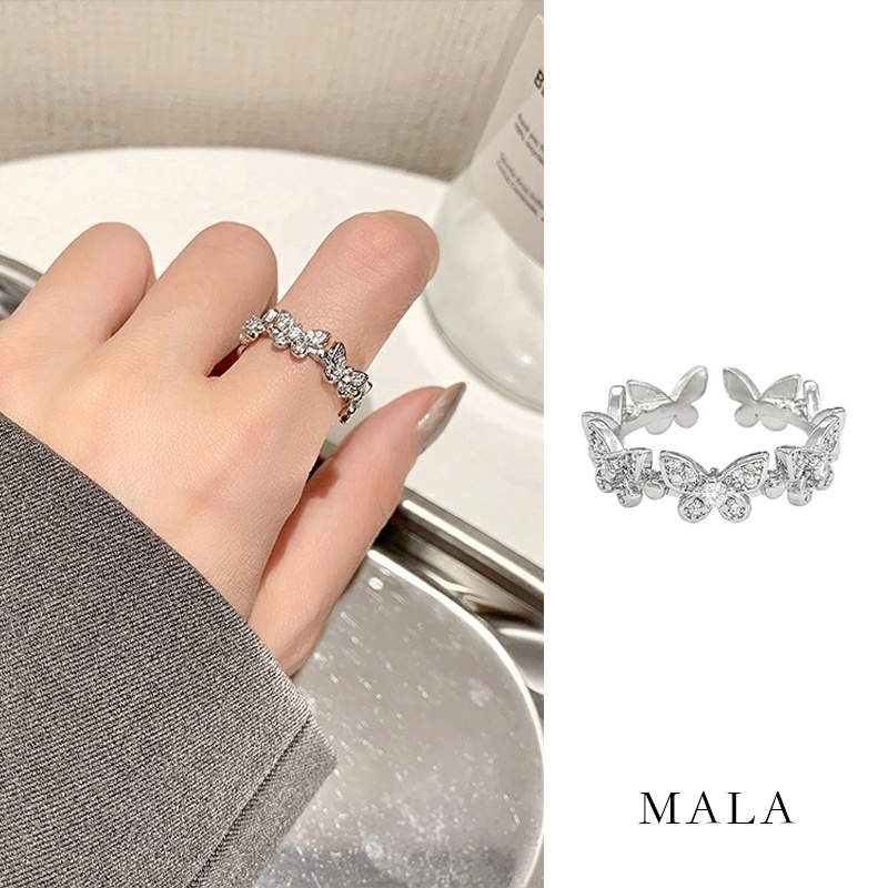Cincin Adjustable Desain Kupu-Kupu Bahan Zircon Warna Silver Gaya Korea Untuk Wanita