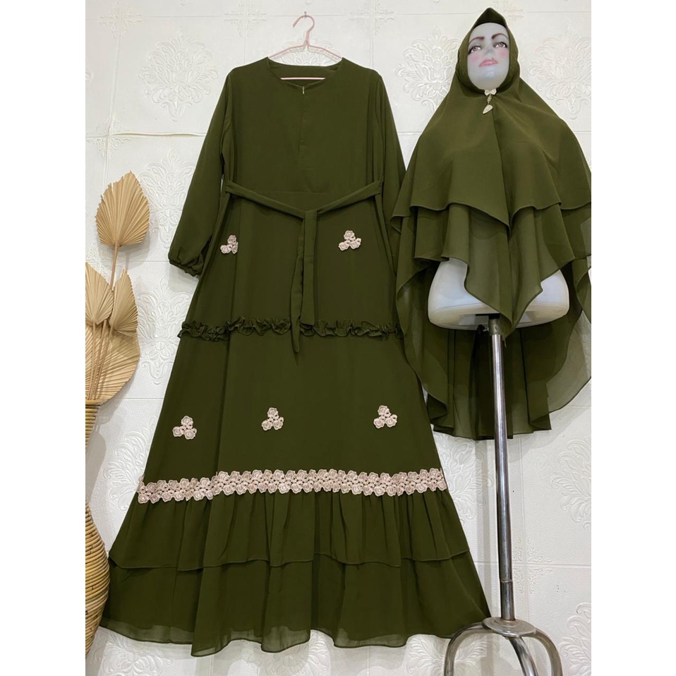 Gamis Syari Ceruty Renda / Gamis Terbaru Mix Renda Bunga Cantik / Gamis Ceruty Babydoll