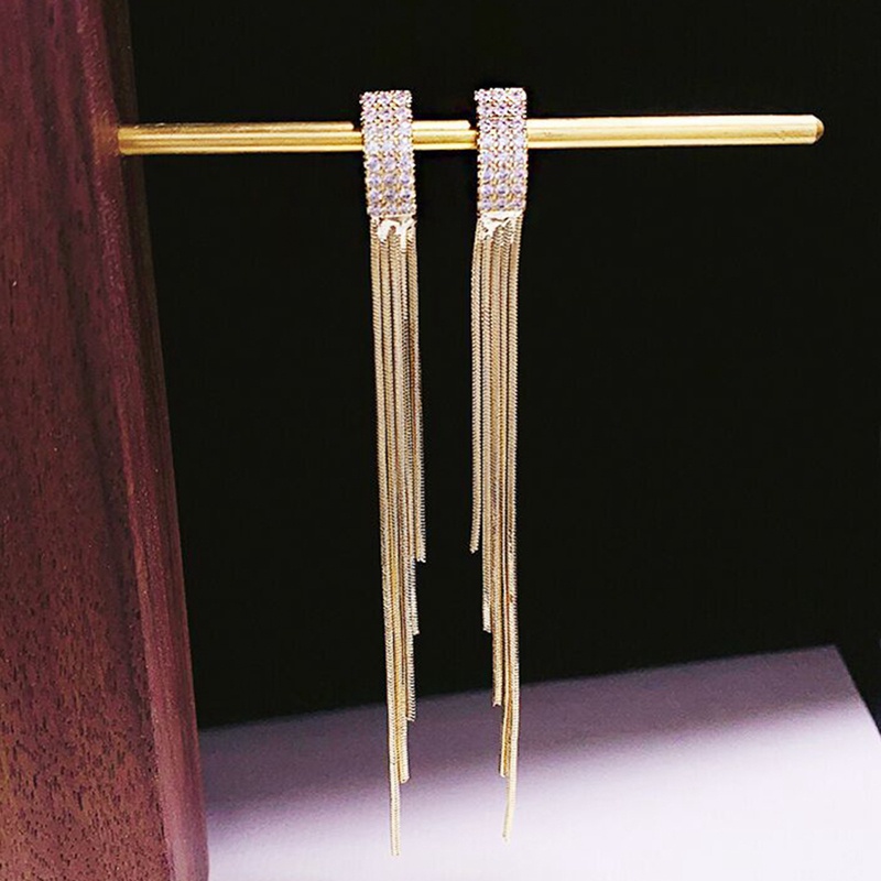 Anting Rumbai Panjang Aksen Berlian Imitasi Gaya Korea