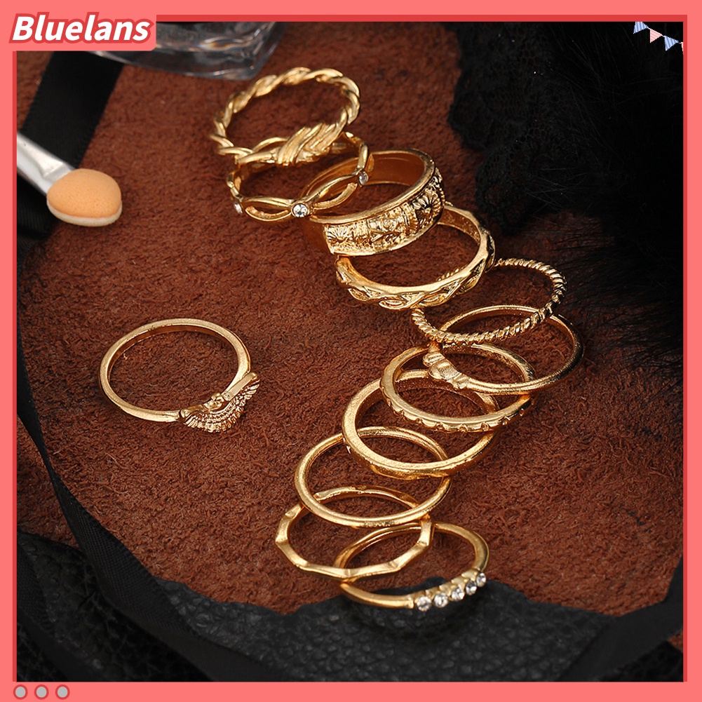 Bluelans 12Pcs Lady Retro Twisted Carved Knuckle Finger Rings Rhinestone Ring Set Jewelry