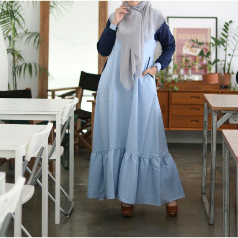 Gamis dewasa soft denim biru muda by SBA Boutique