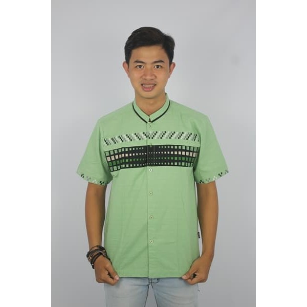 MY BAJU KOKO PRIA MOTIF BORDIR KODE AD126 HIJAU MUDA LIST HITAM - HIJAU MUDA, M