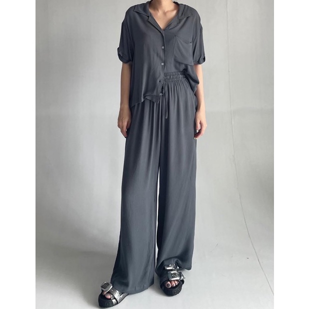 Claire Homewear Set | Rayon Crinkle Comfy Set-Dark Grey