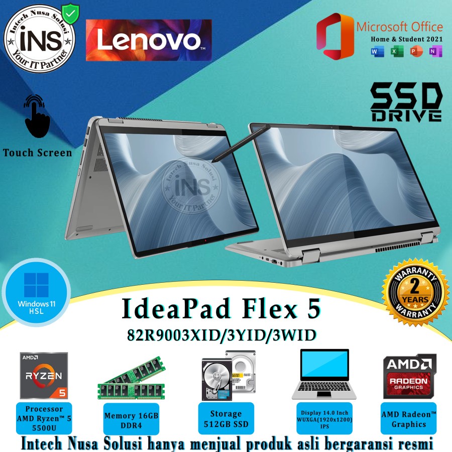 Lenovo IdeaPad Flex 5-14ALC7-3XID Ryzen 5 5500U 16GB 512GB SSD WIN11HSL OHS 21 2YR