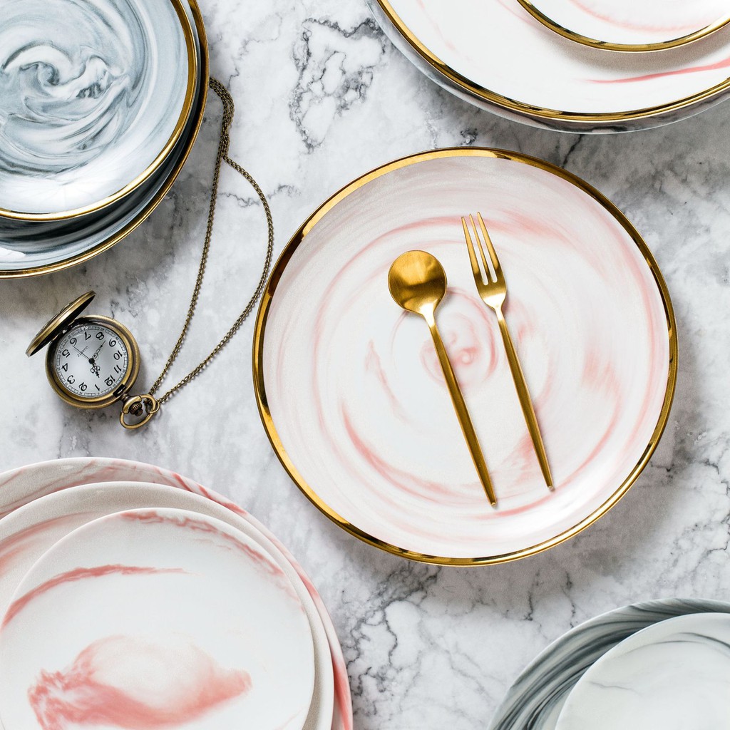 PIRING PINK MARBLE KERAMIK LIST EMAS ELEGAN/ PIRING KERAMIK PINK MOTIF MARMER LIST GOLD ELEGAN MEWAH-2