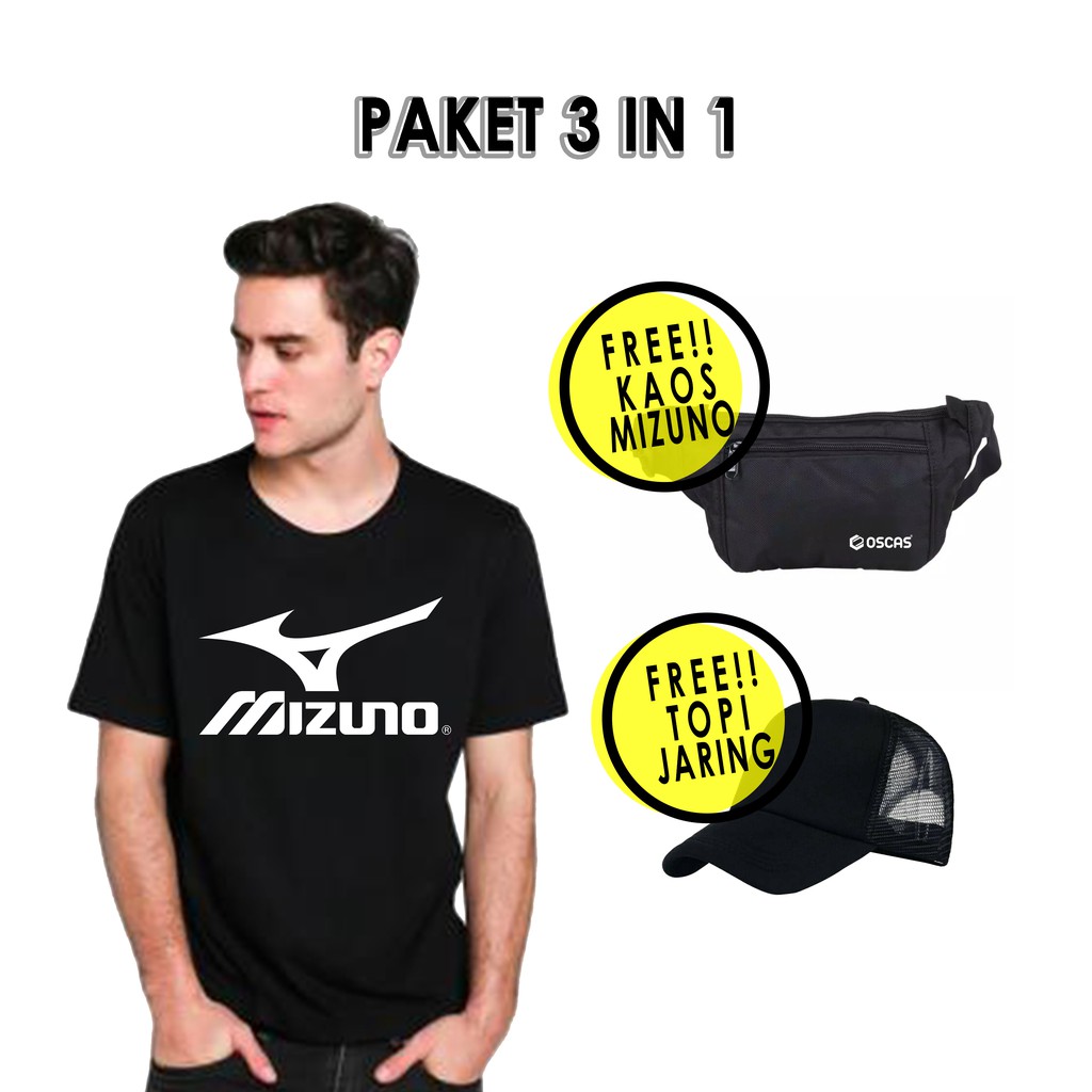 PAKET 3 IN 1! T-Shirt Kaos Logo Pendek, Sling Bag / Tas Slempang dan Topi Polos Topi Jaring