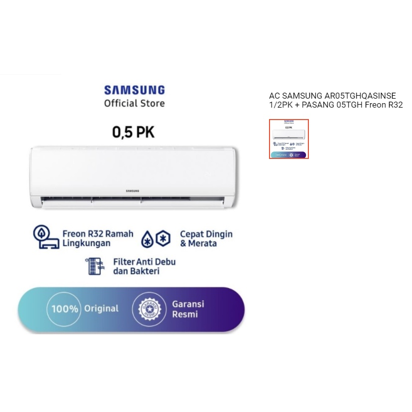 AC SAMSUNG AR05TGHQASINSE/AR05BGH 1/2PK + PASANG 05TGH/05BGH Freon R32 (Depok dan sekitarnya)