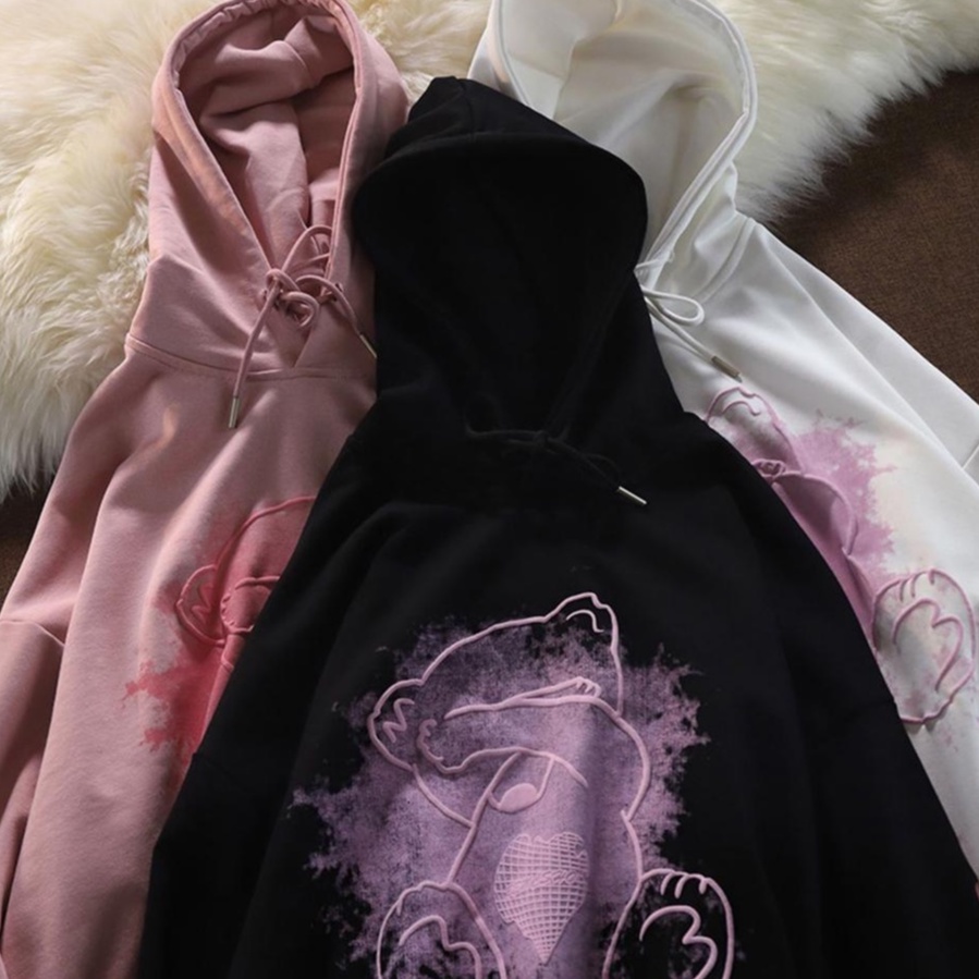 [littlecrab] Hoodie Oversize Bear Tutup Mata Splash Lucu Imut Hoodie Pink Bordir Timbul Elegan Bemesho Bear is Absolutely Reliable Cute Couple Unisex Hoodie Street Style Teddy Bear Hide And Seek Korean Style