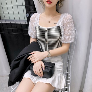  Kaos  T Shirt Wanita Model Stitching Lengan Pendek Dengan 