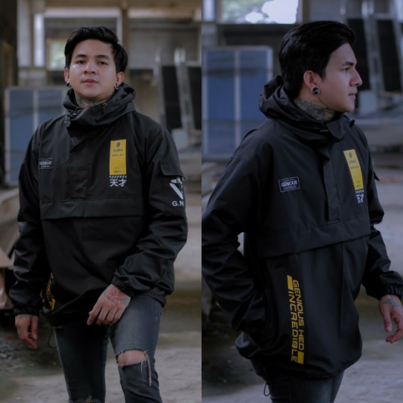Jaket pria IKC 002 distro cbr Bandung hoodie dua sisi bolak balik keren grosir jaket cagoule erigo Jaket Pria Parasut Anti Air-CG Incredible Hitam