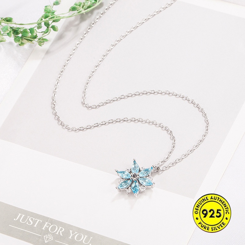 Kalung Rantai Sterling Silver 925 Liontin Snowflake Hias Berlian Biru Untuk Wanita / Musim Panas