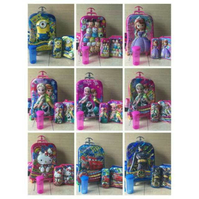 Tas troli anak 6D 4in1 import motif gambar timbul berkilat ANAK PASTI SENANG