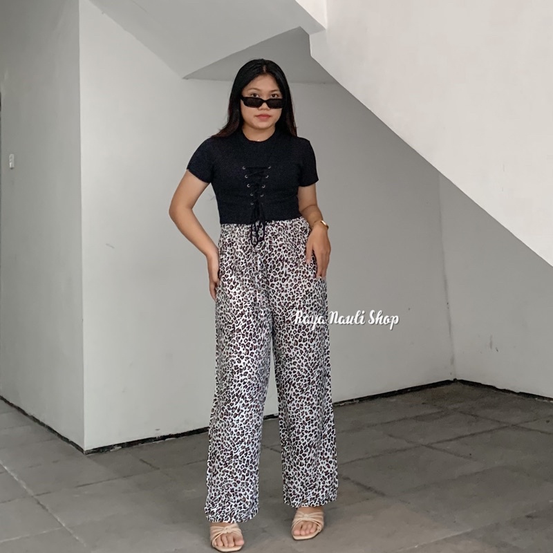 Kulot Motif Bali Rayon Premium-Kulot Leopard Putih
