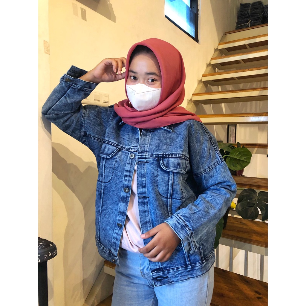 JAKET JEANS ALMA SANDWASH JUMBO LD 100-146 BAHAN DENIM JAKET WANITA CROPTY BIGSIZE-ovami swblue ld 20
