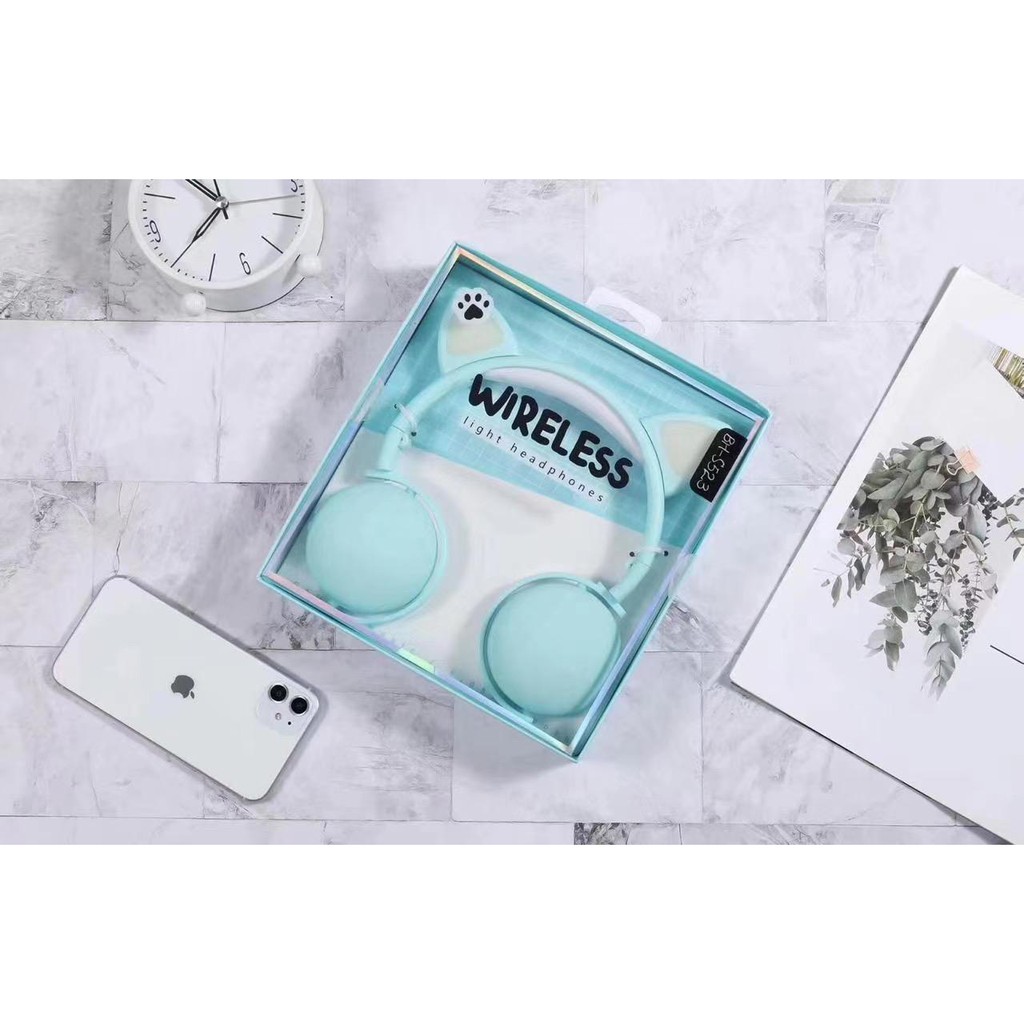 Headset Anak Perempuan Headset Bluetooth bh-s523 model kucing LED Lucu lampu cat