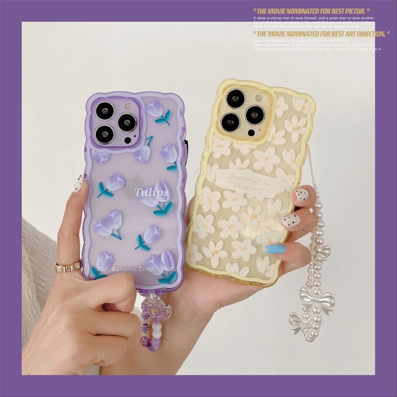 IPHONE Bunga Musim Panas Berbentuk Gelombang Transparan Perlindungan Penuh Casing Ponsel Cover Dengan Manik-Manik Rantai Untuk Iphone7 8 PLUS X XR XS 11 12 13 14 PRO MAX SE