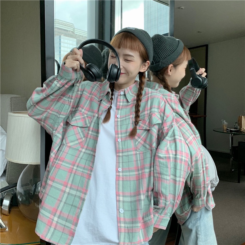 kemeja wanita Korea plaid shirt oversize retro panjang lengan semua pertandingan