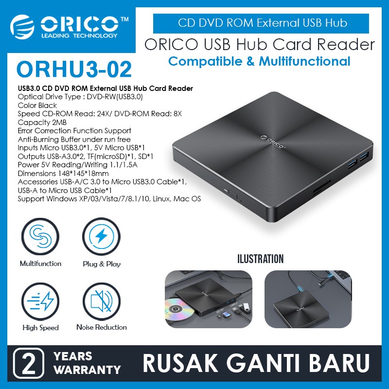 ORICO ORHU3-02 USB3.0 CD DVD ROM External USB Hub Card Reader