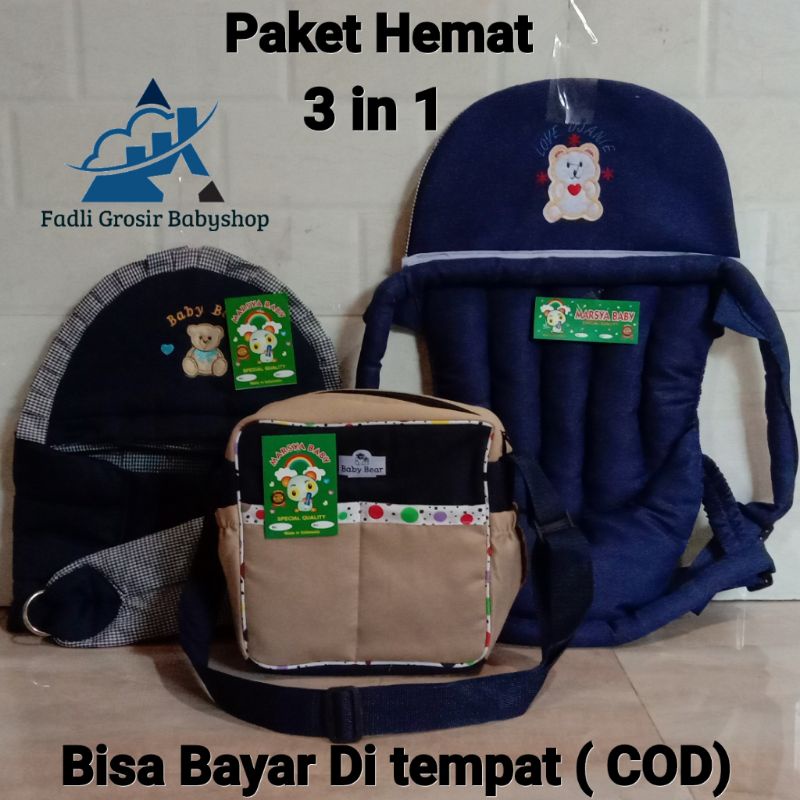 ( 3 In 1 ) Tas Bayi Strip Gendongan Bayi Samping Topi Bordir Dan Gendongan Bayi Depan Topi Bordir