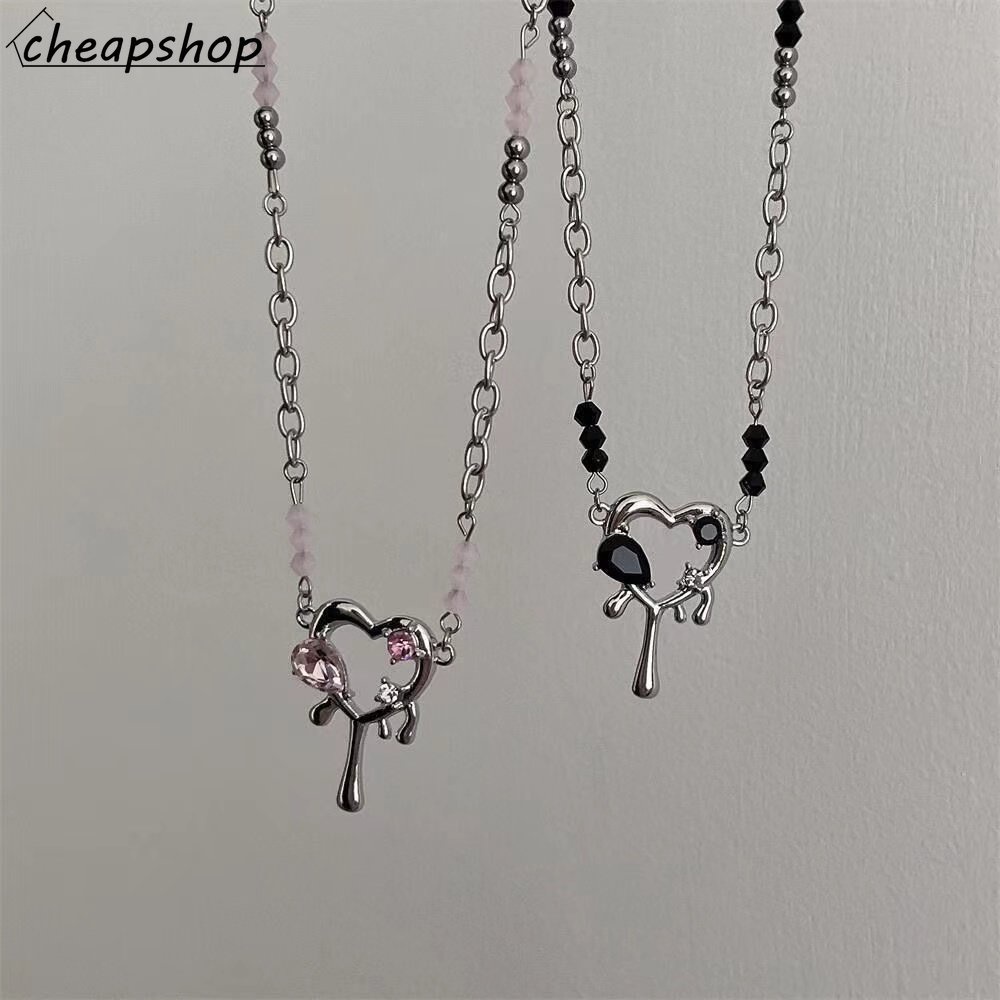 IFYOU Kalung Rantai Liontin Hati Aksen Mutiara Bahan Zirkon Warna Pink Gaya Vintage Untuk Wanita