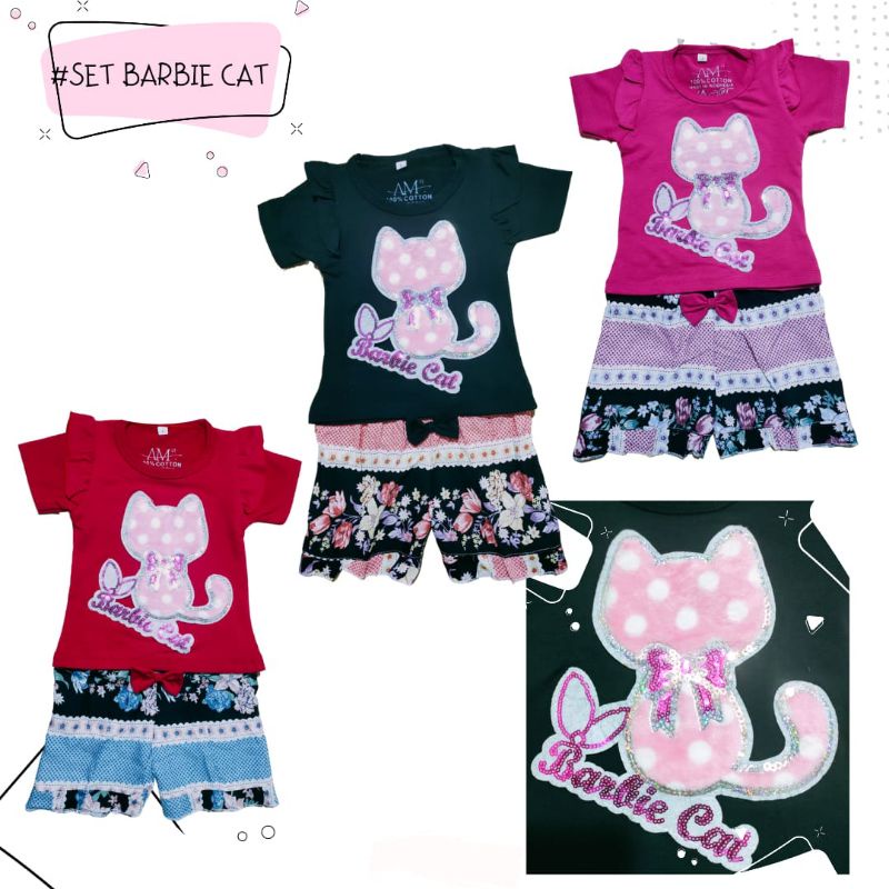 Setelan Anak Perempuan Size 1-5 tahun BARBIE CAT bahan Ducati Katun Spandek Premium