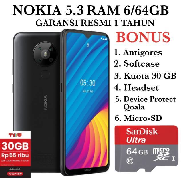 Nokia 5.3 (6/64) NFC Resmi TAM FREE Micro SD 64GB + Kuota