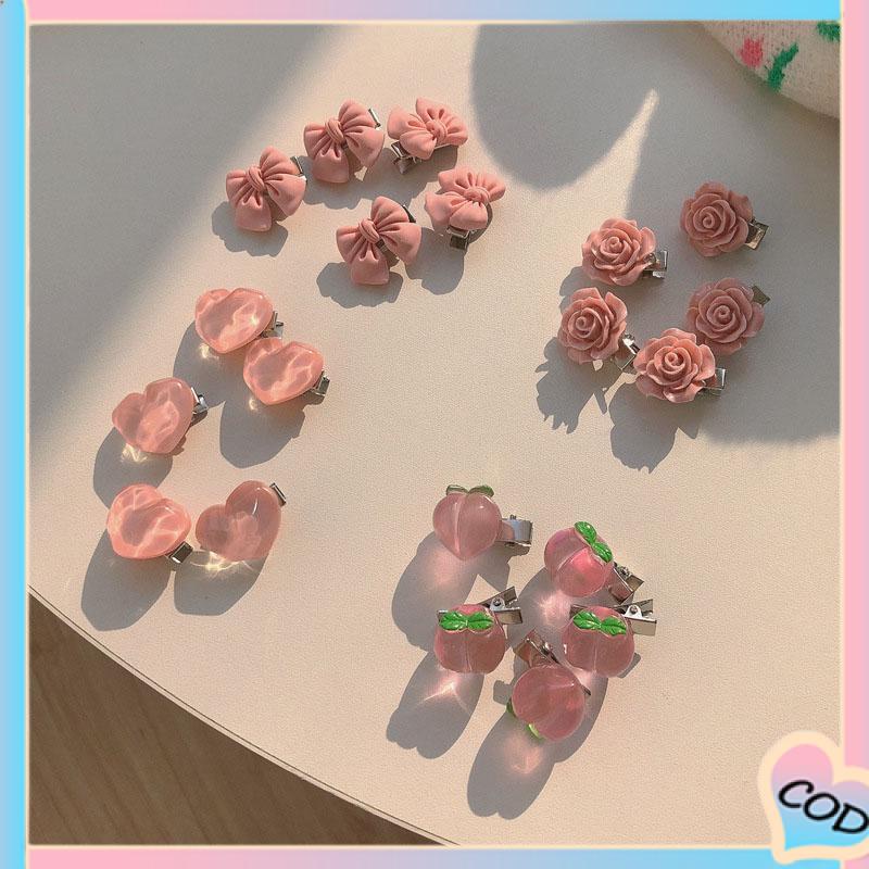 COD❤️ 5 PCS Manis Pink Jepit Rambut Gadis Busur Peach Camellia Sisi Klip Aksesoris Rambut-A.one