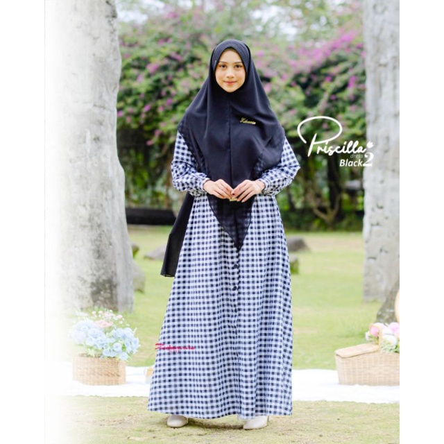 PRISCILLA Dress Kode 2 Set Khimar Stylish Gamis Simpel Syari Daily Outfit ZABANNIA