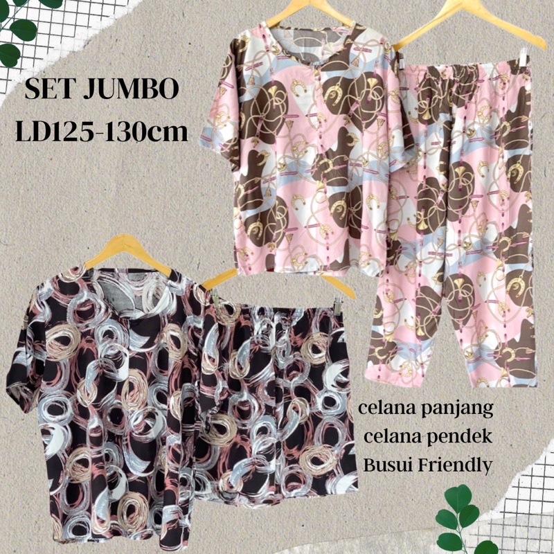 Set piyama wanita jumbo celana pendek & panjang ld lengan pendek ziper