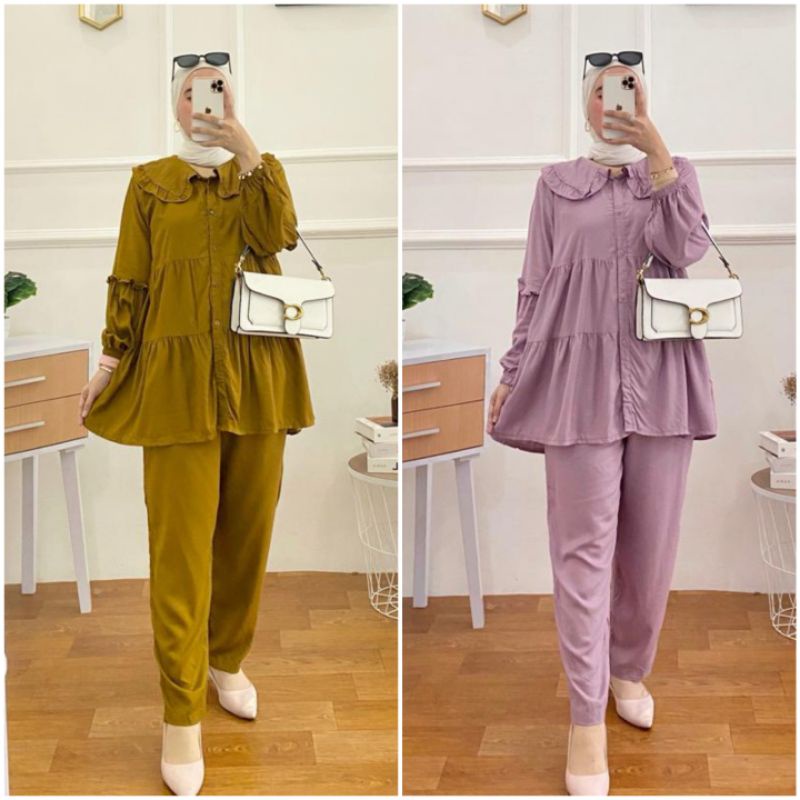 BISA COD AZKIYAHIJAB29 ERINA ONESET ONE SET BABYDOLL RAYON RUFFLE UMPAK SETELAN TUNIK SETCEL KULOT S