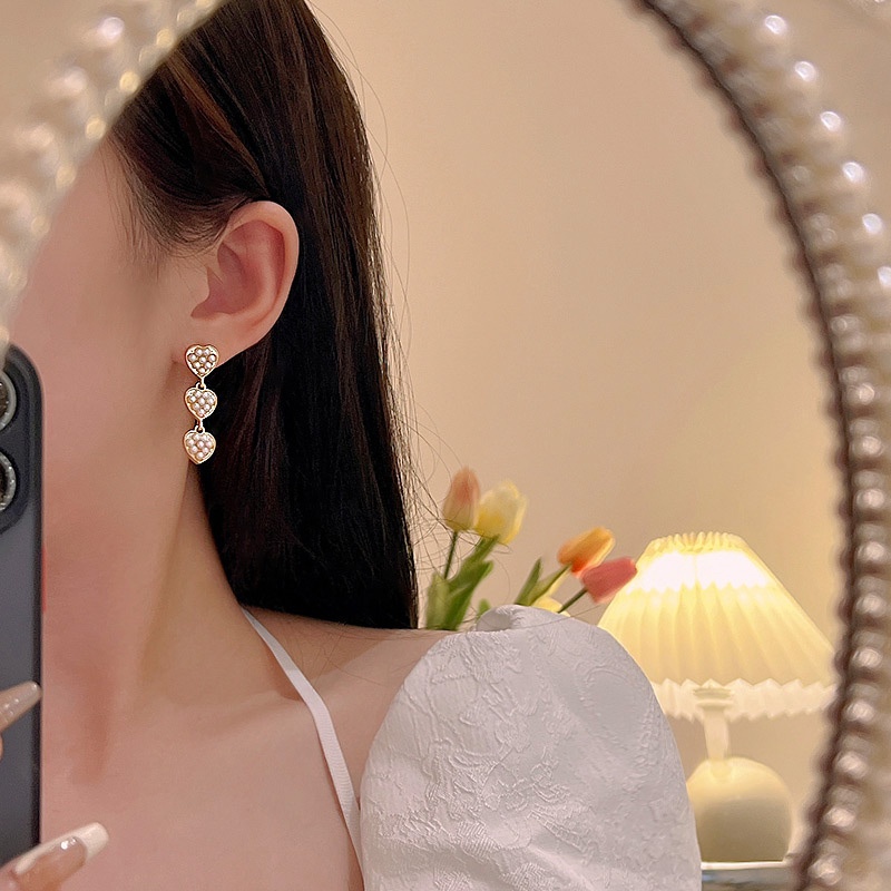 Anting Gantung Panjang Model Hati Dengan Mutiara Bahan silver 925 Untuk Wanita