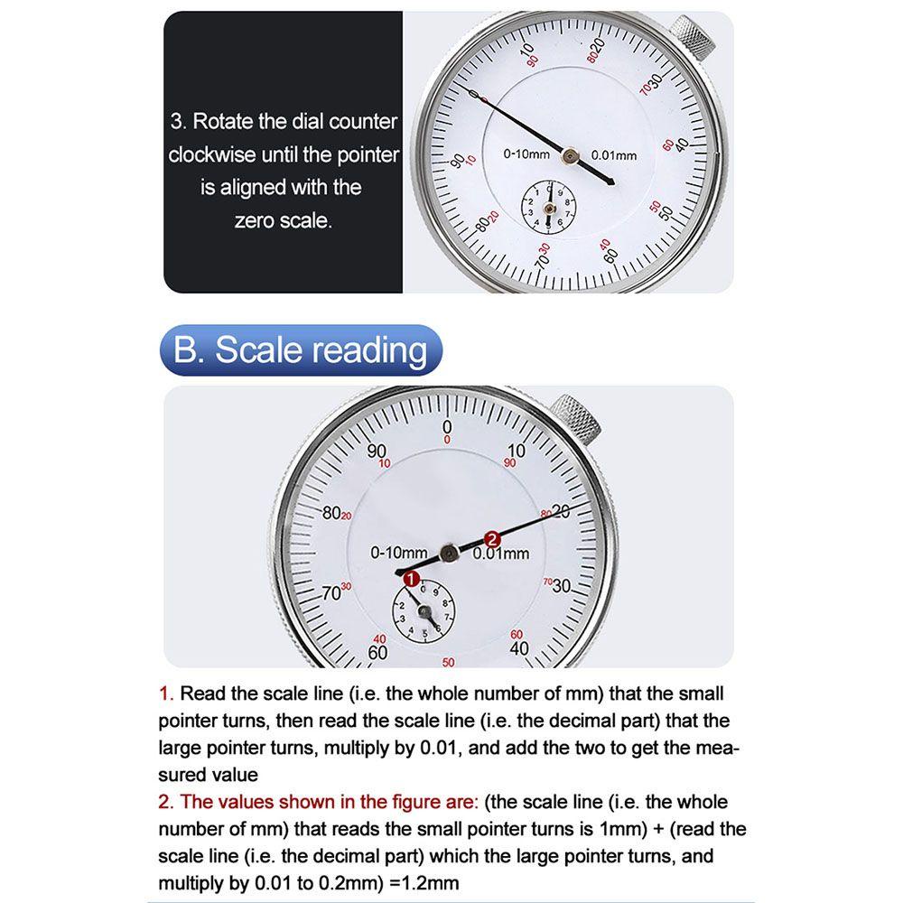 Solighter Dial Indicator Gauge Point Set 0-10mm Lug Back Resolusi 0.01 Dial &amp; Test Indicator Steel