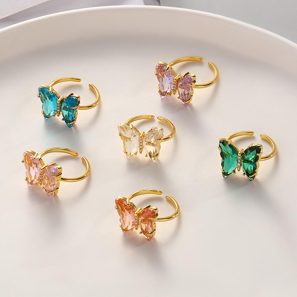 [Elegan] Cincin Jari Kupu-Kupu Warna-Warni Fashion Gaya Sederhana Transparan Hadiah Untuk Wanita Perhiasan Kristal