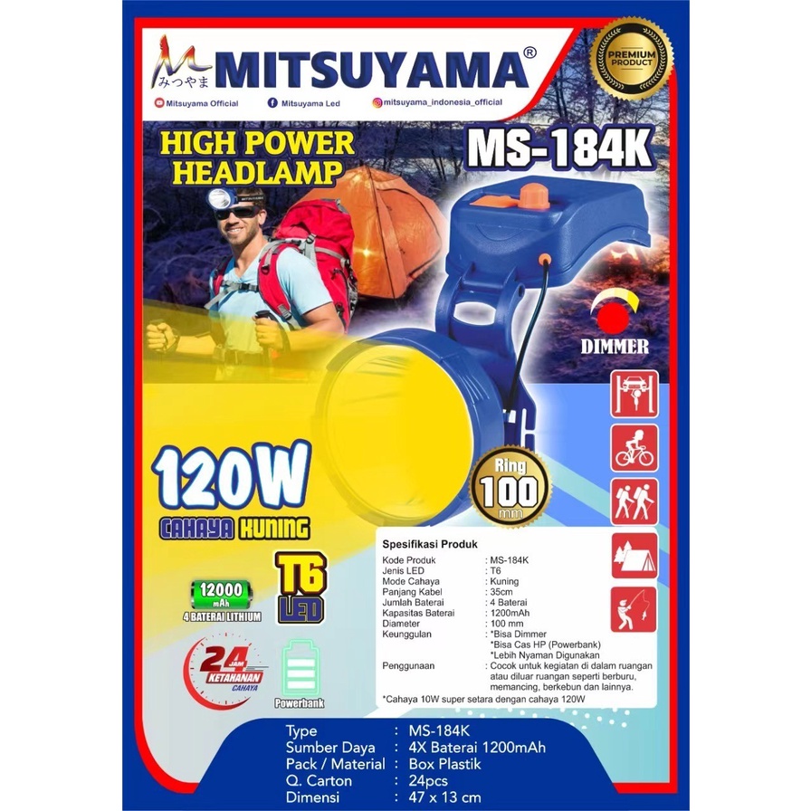 COD SENTER KEPALA HIGH POWER HEADLAMP MITSUYAMA 120W MS-184K CAHAYA KUNING