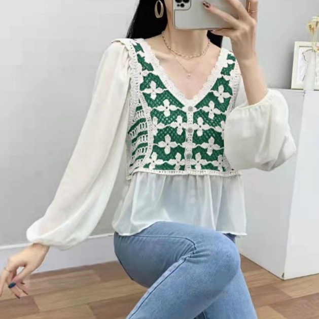 66110 Baju Blus blose blouse kemeja lengan balon puff leher Vi neck bahan sifon import wanita terbar
