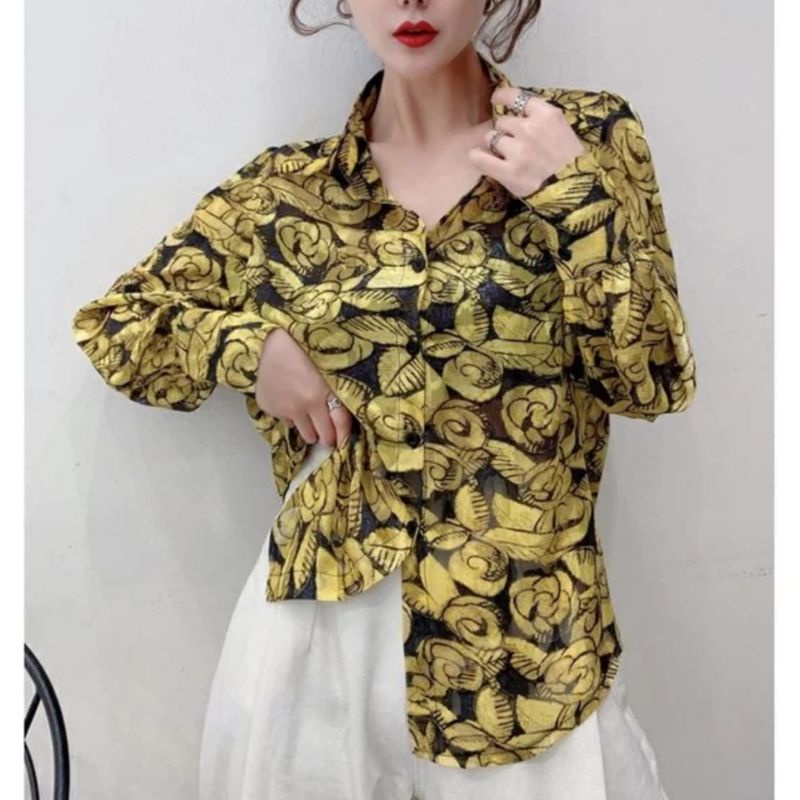 MDLV ~ 8495# Anamarie Printed Shirt Kemeja Korea Kemeja Import Fashion Import