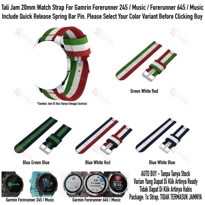 Tali Jam 20mm Watch Strap Garmin Forerunner  645 245 Music - Nylon 3 Baris Quick Release