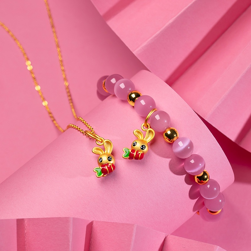 Set Kalung Gelang Emas Asli Kadar 375 Desain Mata Kucing Lobak Kelinci Warna Pink