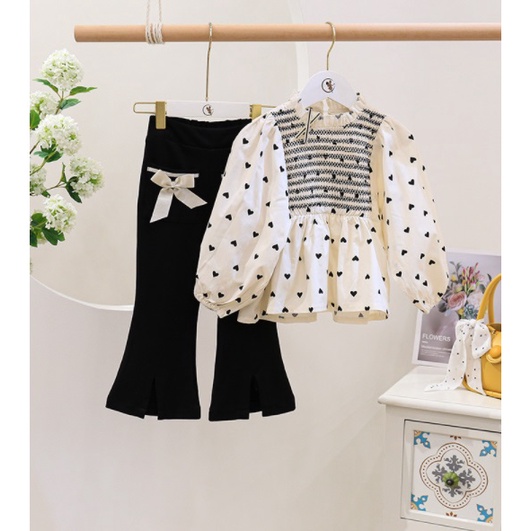 SETELAN ANAK CEWEK CELANA IMPORT -  BAJU LOVE CELANA HITAM 2 PITA