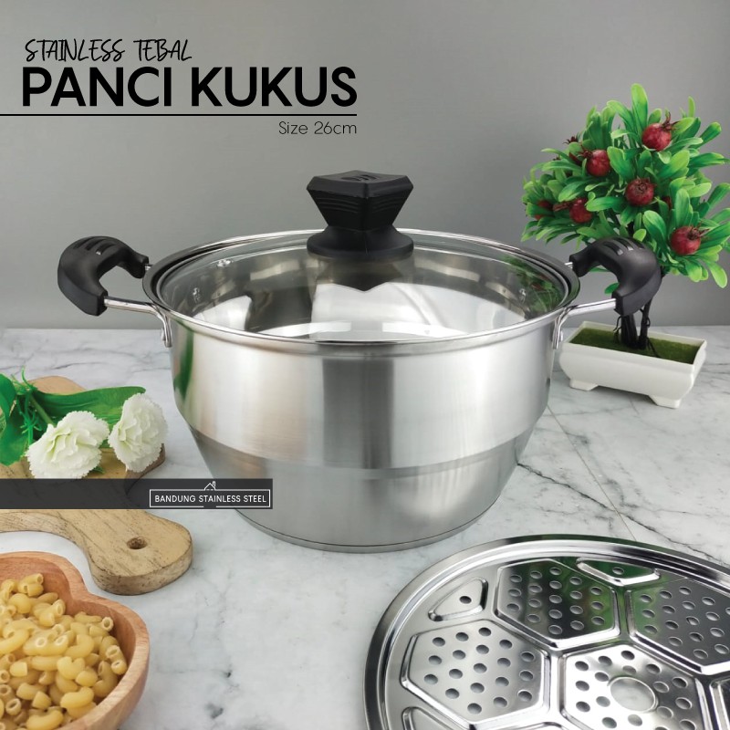 Panci Kukus 26cm Pegangan Kuping Plastik Soup Pot Steamer Stainless Tebal Tinggi Murah