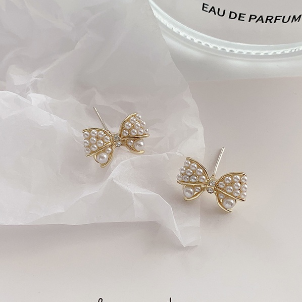 Anting Stud Desain Pita Aksen Mutiara Gaya Minimalis Korea Untuk Wanita