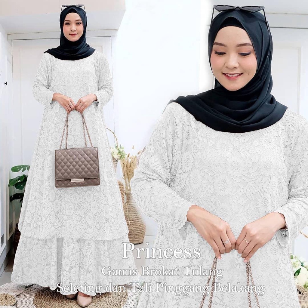 ELDE 5 - Princess Gamis Maxi JUMBO ( L - XL - XXL - XXXL ) Brukat tulang import lapis furing , seleting belakang , ada tali pinggang