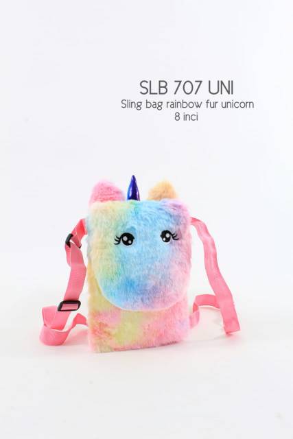 SLING BAG UNICORN RAINBOW FUR / TAS SELEMPANG BONEKA BULU