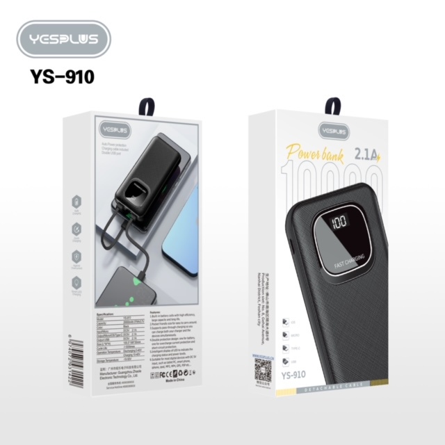 【33LV.ID】POWERBANK 10000MAH YS-910 Fast Charging Murah Mini LCD with Kabel Data lightning Type C Micro USB